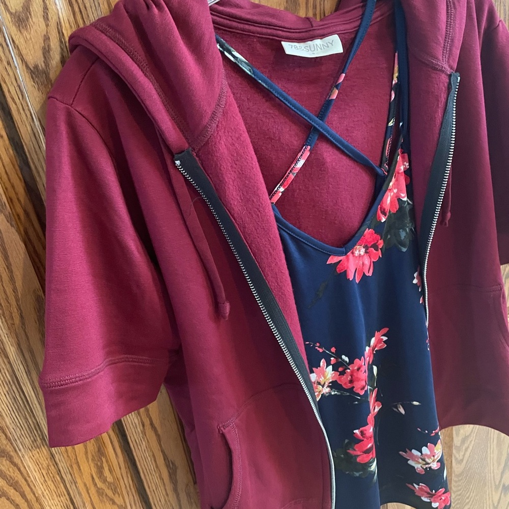 Women's Burgundy Zip-Up Hoodie & Floral top - Picture 3 of 7
